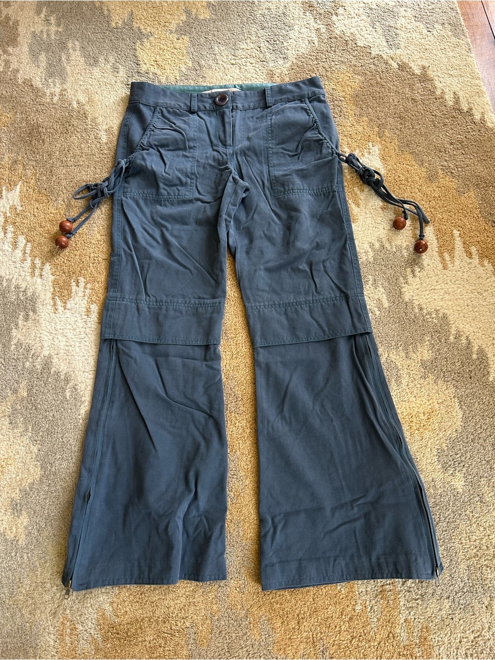 Samantha Treacy Anthropologie Y2K Wide Leg Cargo Pants Wool Blend Wooden Beads